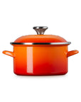 Flame 3.8 qt enamel on steel traditional petite stockpot with lid and handles on a white background