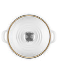 Top view of the white 3.8 qt enamel on steel traditional petite stockpot with lid and handles on a white background