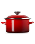 Cerise 3.8 qt enamel on steel traditional petite stockpot with lid and handles on a white background