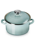 Sea salt 3.8 qt enamel on steel traditional petite stockpot with lid and handles on a white background