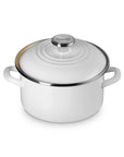 White 3.8 qt enamel on steel traditional petite stockpot with lid and handles on a white background