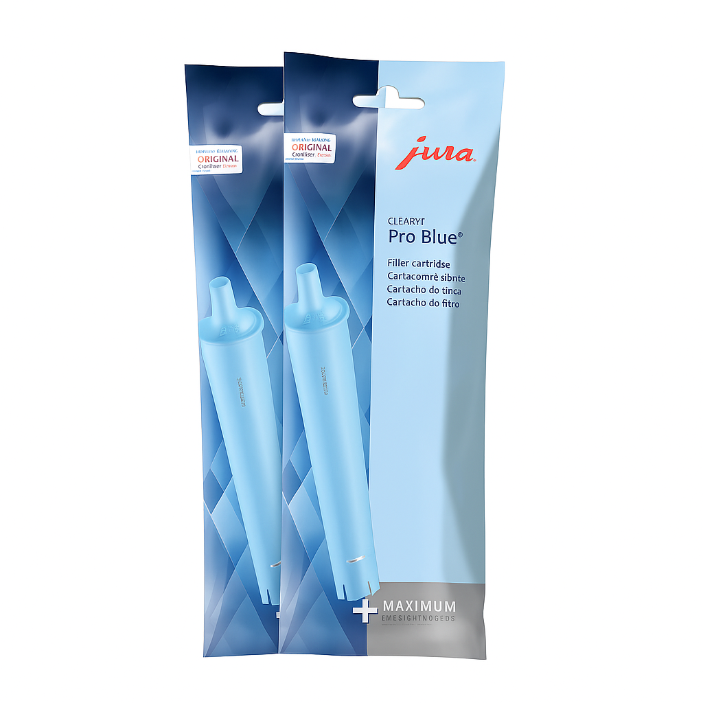 Two packages of Jura Pro Blue filter cartridges on a white background
