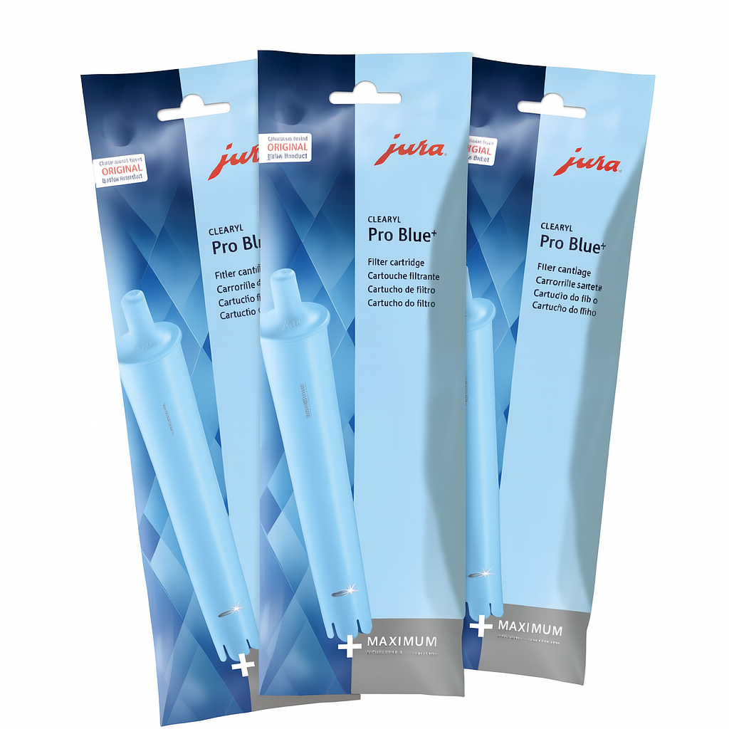Three packages of Jura filter cartridges with blue and gray design on a white background
