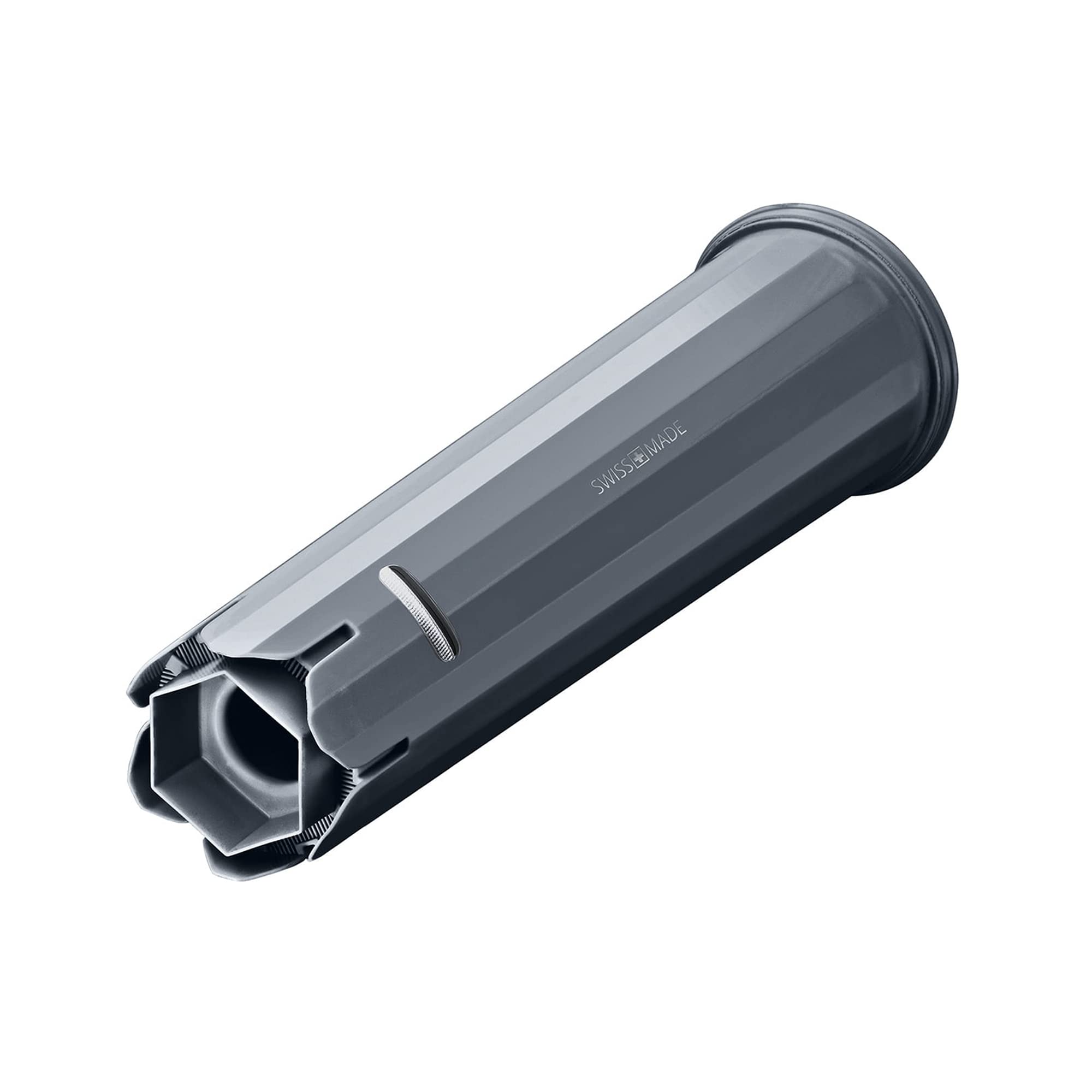 Gray water filter with 'Swiss+Made' branding on a white background