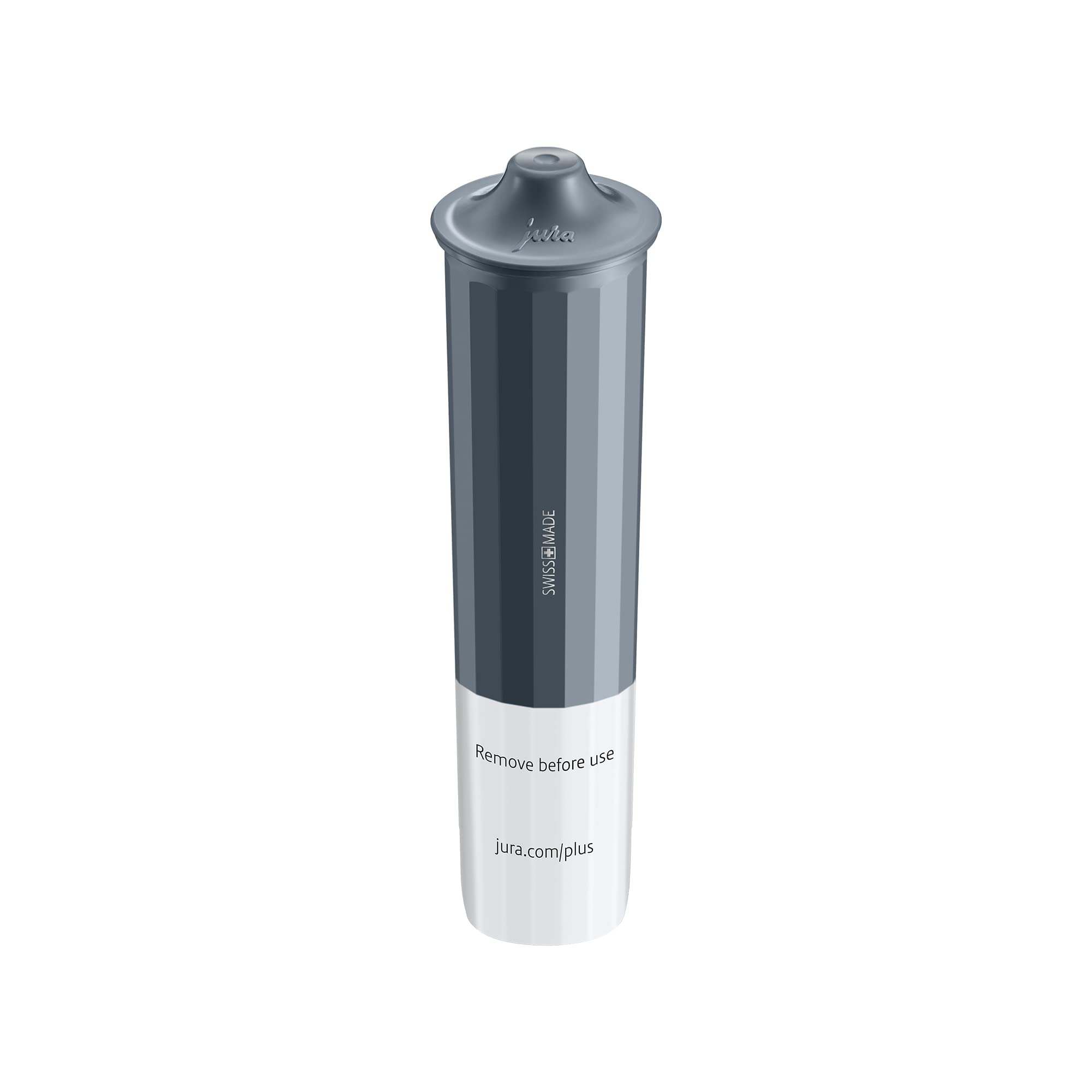 Gray and white water filter with Jura branding on a white background