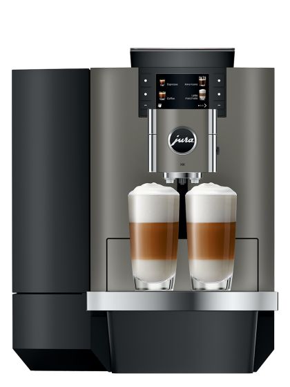 Jura X10 Espresso Machine with dual spouts dispensing coffee into two cups, featuring a black body with a digital display and brand logo.