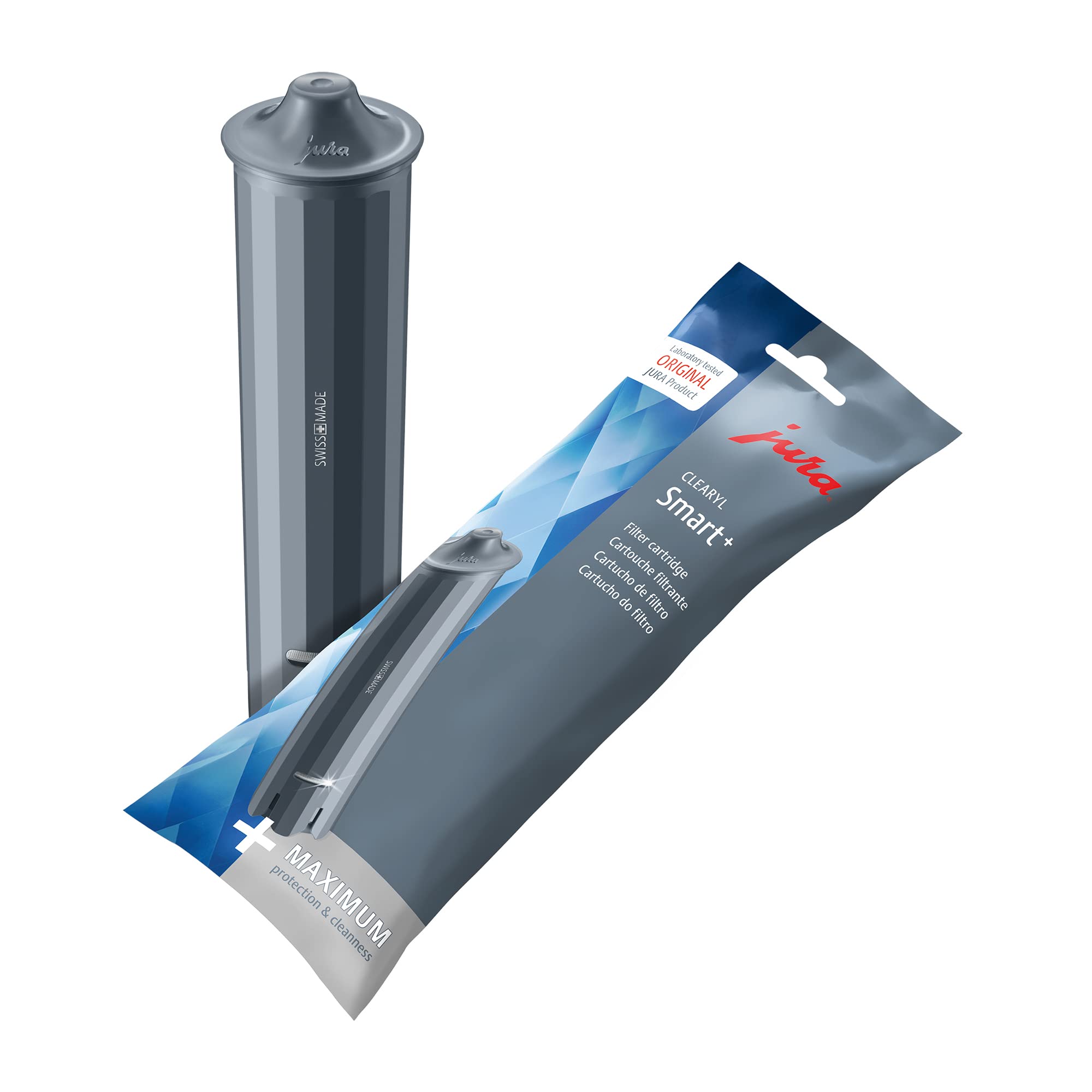 Gray water filter with packaging on a white background