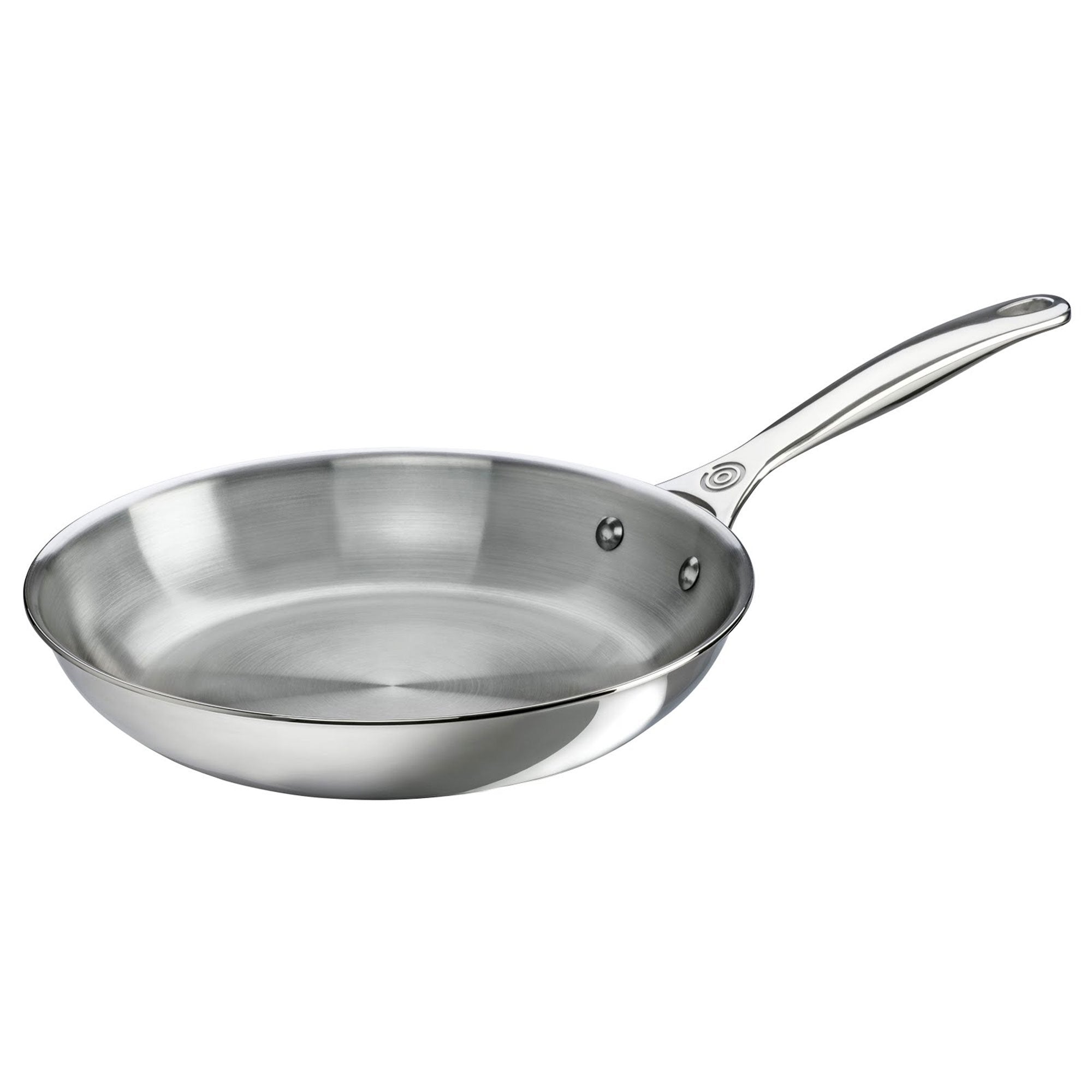 Stainless steel frying pan on a white background