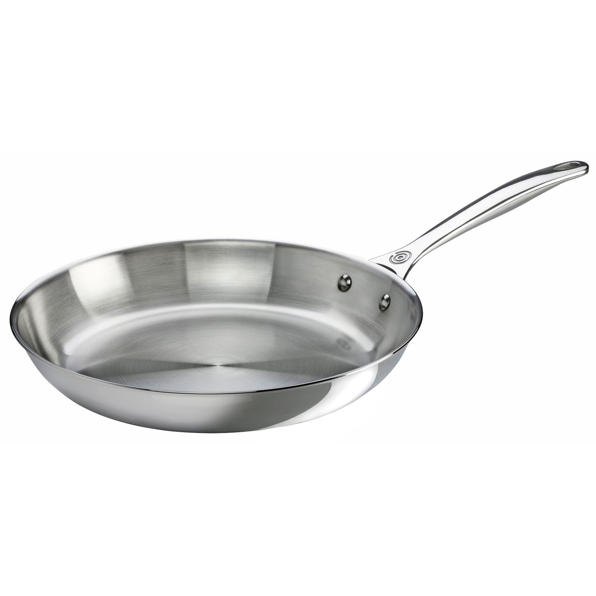 Stainless steel frying pan on a white background