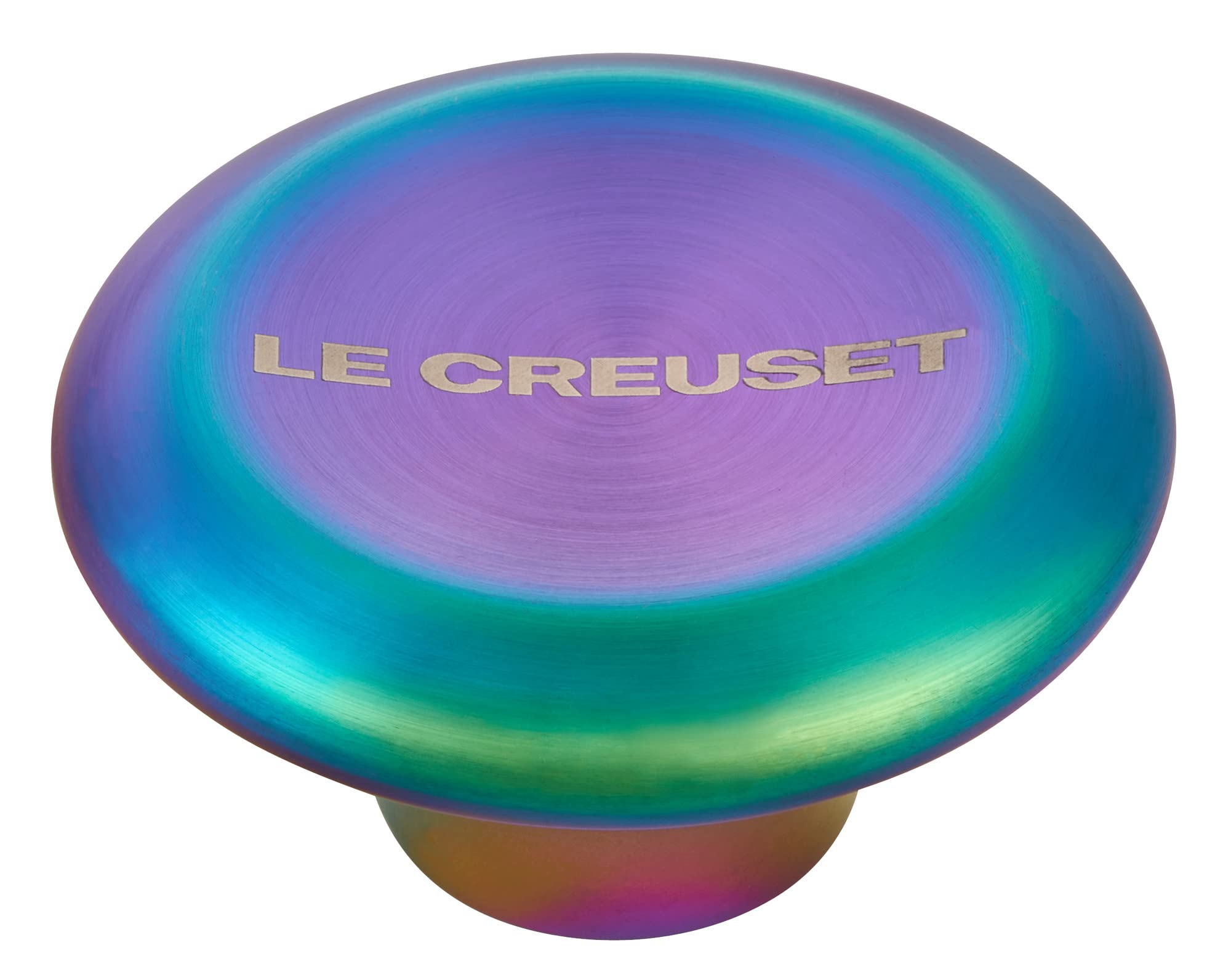 Multicolored kitchen knob with 'Le Creuset' branding on a white background