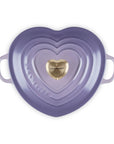 Top view of provence heart shaped 1.25 qt cocotte with handles and a light gold heart knob displayed on a white background