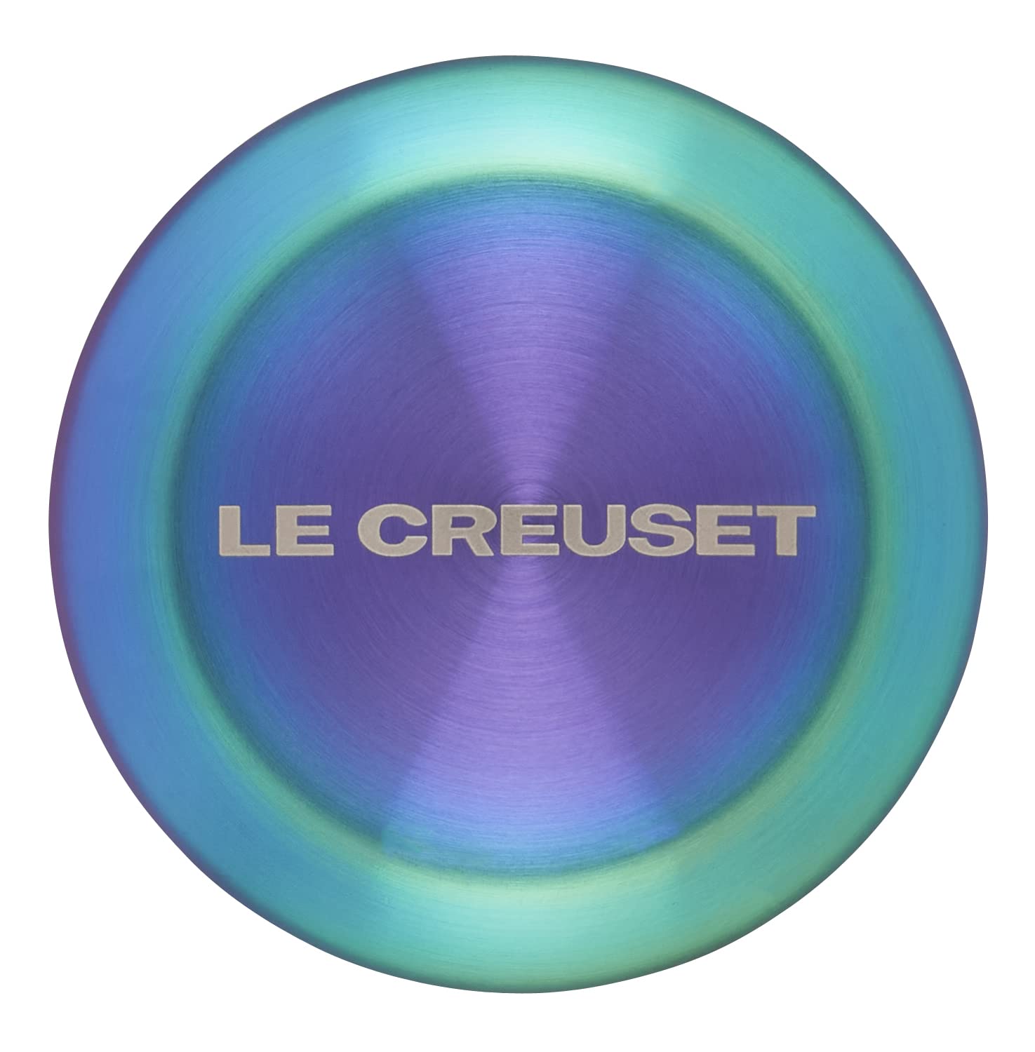 Le Creuset logo on a steel iridescent knob on a white background