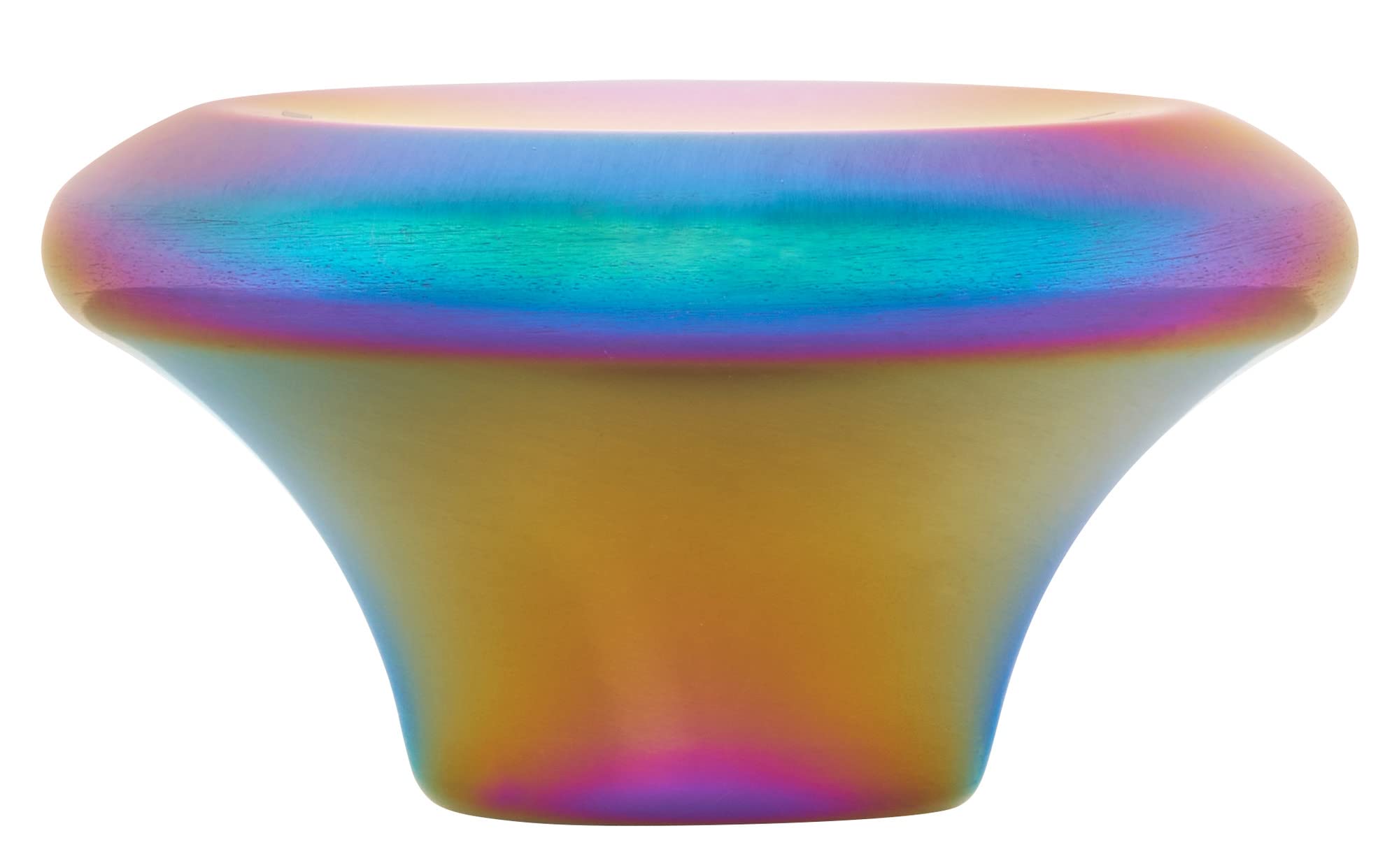 Multicolored, iridescent steel knob on a white background
