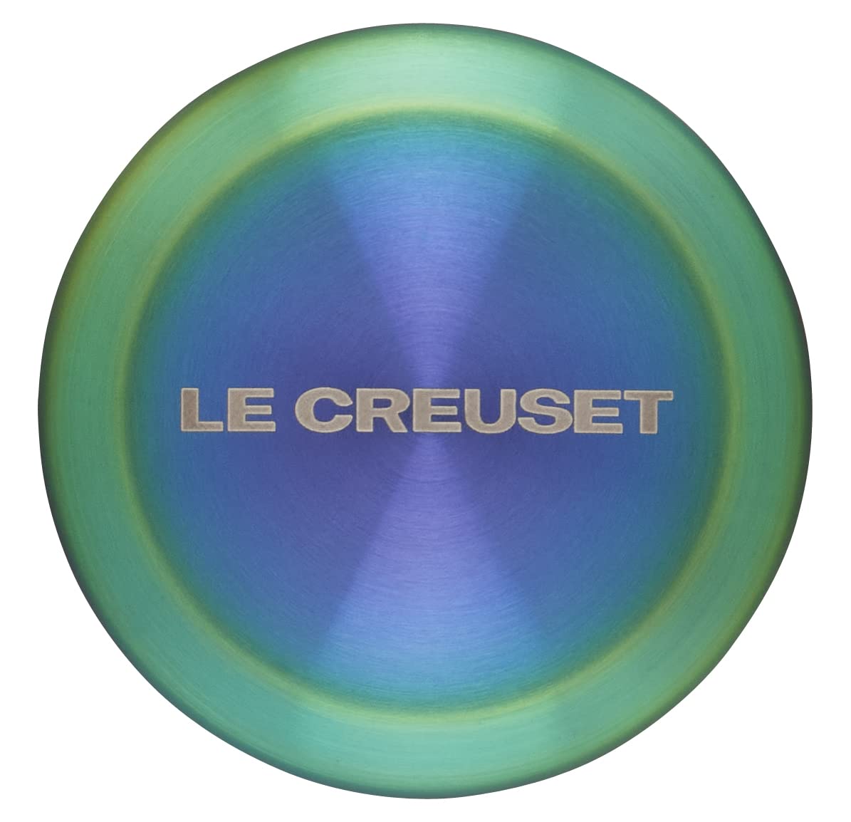 Le Creuset logo on a steel iridescent knob on a white background