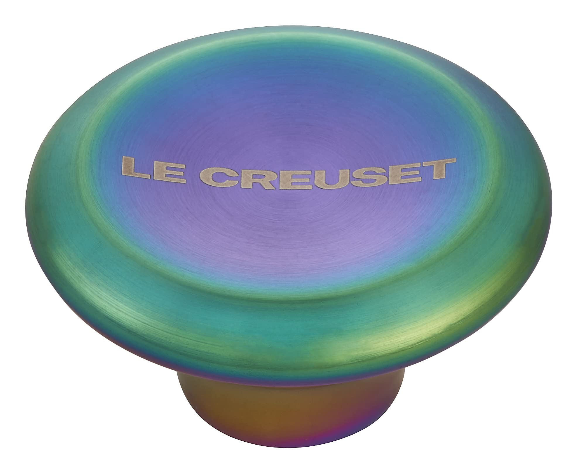 Steel iridescent knob with 'Le Creuset' branding on a white background