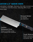 6.5 inch santoku knife with a description displayed on a black background
