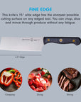 6.5 inch santoku knife with description of fine edge and pictures of food with phrases underneath displayed on a blue background