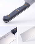 Three pictures of knife blade, knife handle, and knife hilt displayed on a white background