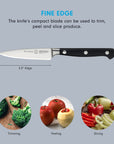 3.5 inch paring knife with description about fine edge and pictures of food with phrases underneath displayed on a grey background