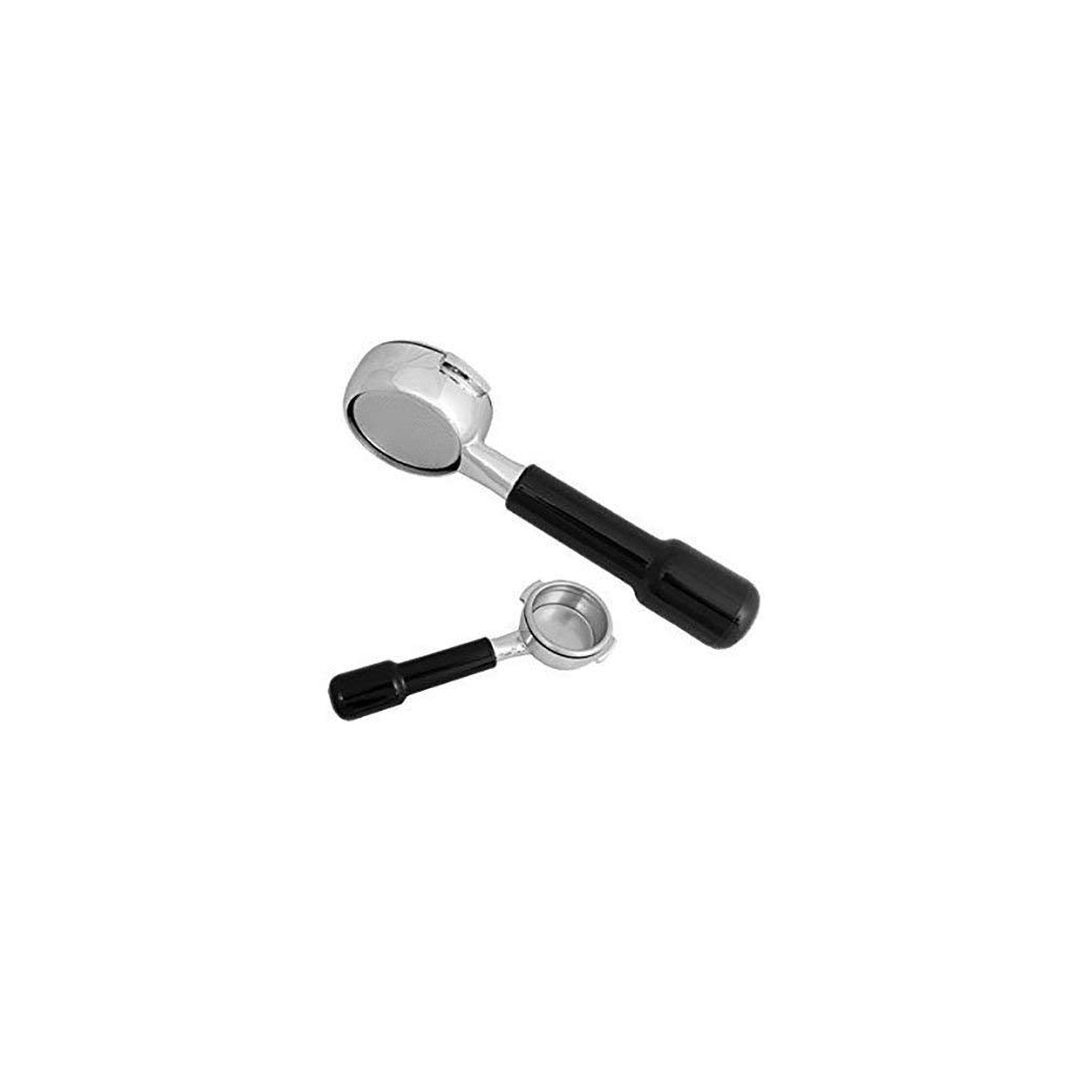 Two metal coffee bottomless portafilter with double shot basket and black handle on a white background