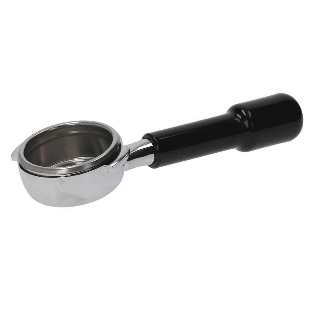 Bottomless portafilter with double shot basket with a black handle on a white background