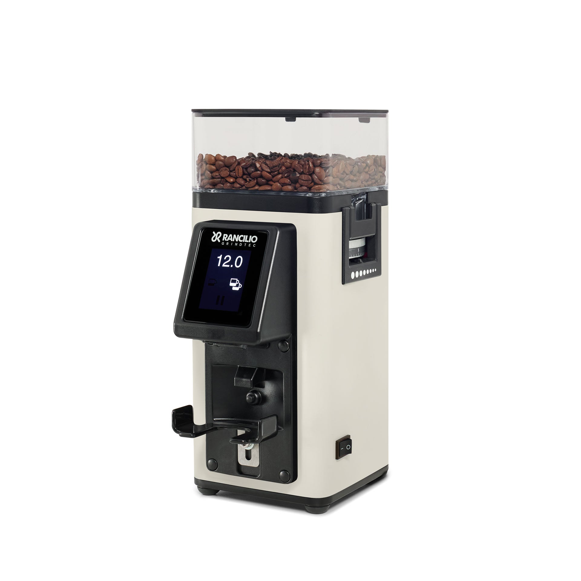 Coffee grinder with a digital display and bean hopper on a white background