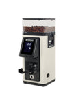 Coffee grinder with a digital display and bean hopper on a white background