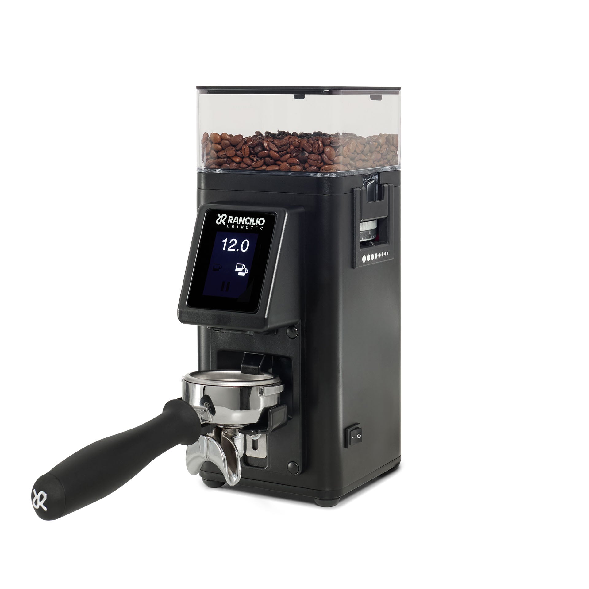 Black coffee grinder with digital display and bean hopper on a white background