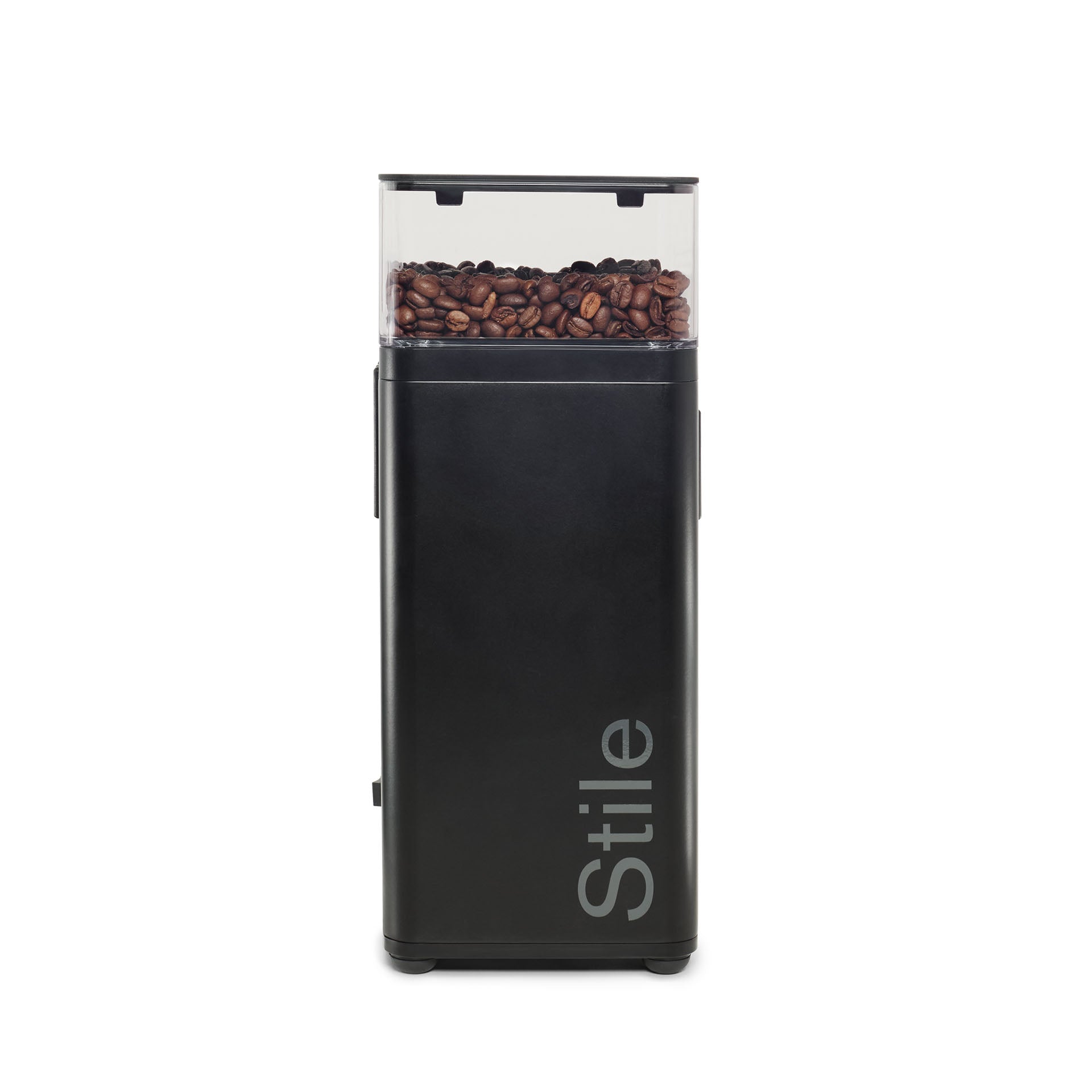 Black coffee grinder with 'Stile' branding and coffee bean hopper on a white background