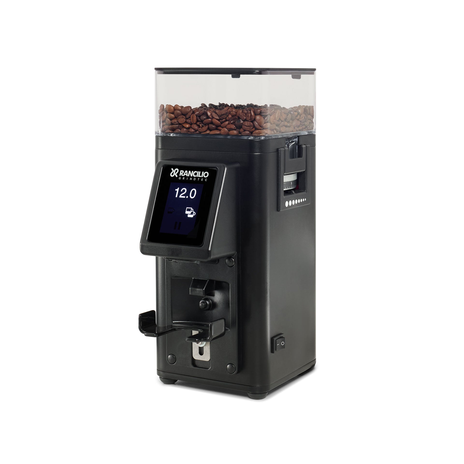 Black coffee grinder with a digital display and bean container on a white background