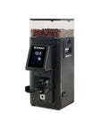 Black coffee grinder with a digital display and bean container on a white background