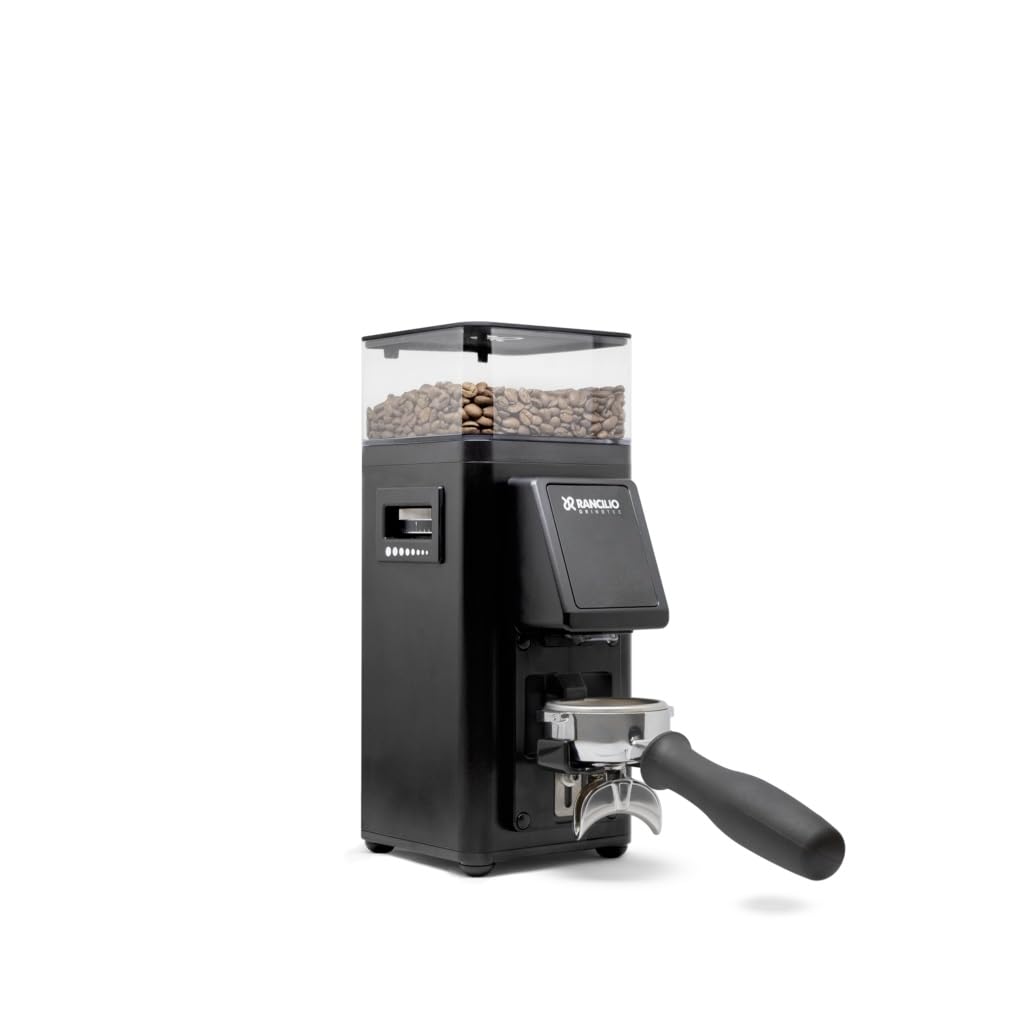 Rancilio Stile SD coffee grinder, 'like new' demo unit, with minor blemishes, in black color, with a clear bean hopper on top and a portafilter attached to the front.