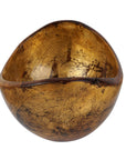 Side view of Rico & Plato adagio teak bowl with distressed copper leaf exterior displayed on a white background