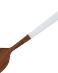 Close up of the white handle of Rico & Plato bistro teak spatula with white handle displayed on a white background