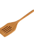 Diagonal view of a teak spatula with drainage slots on a white background