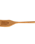 Horizontal view of a teak spatula with drainage slots on a white background