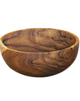 A handcrafted teak wood bowl with a vertical-sided design on a white background