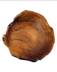Top view of a teak salad fruit bowl on a white background