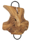 Top view of Rico & Plato sanza large teak trivet with iron handles displayed on a white background