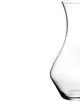Riedel cabernet decanter with dimensions compared to a wine glass's dimensions on a white background