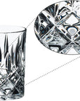 Riedel fine crystal tumbler spey whisky glass with a close up of the geometric pattern on a white background
