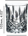 Riedel fine crystal tumbler spey whisky glass with dimensions on a white background