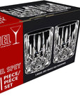 Set of two of clear, crystal RIEDEL Spey Double Old Fashioned glasses with a geometric pattern packaging on a white background