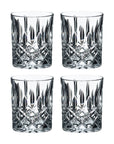 A set of four clear, crystal RIEDEL Spey Double Old Fashioned glasses with a geometric pattern.