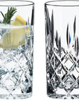 Two clear crystal highball glasses with a geometric pattern, suitable for longdrinks, displayed side by side.