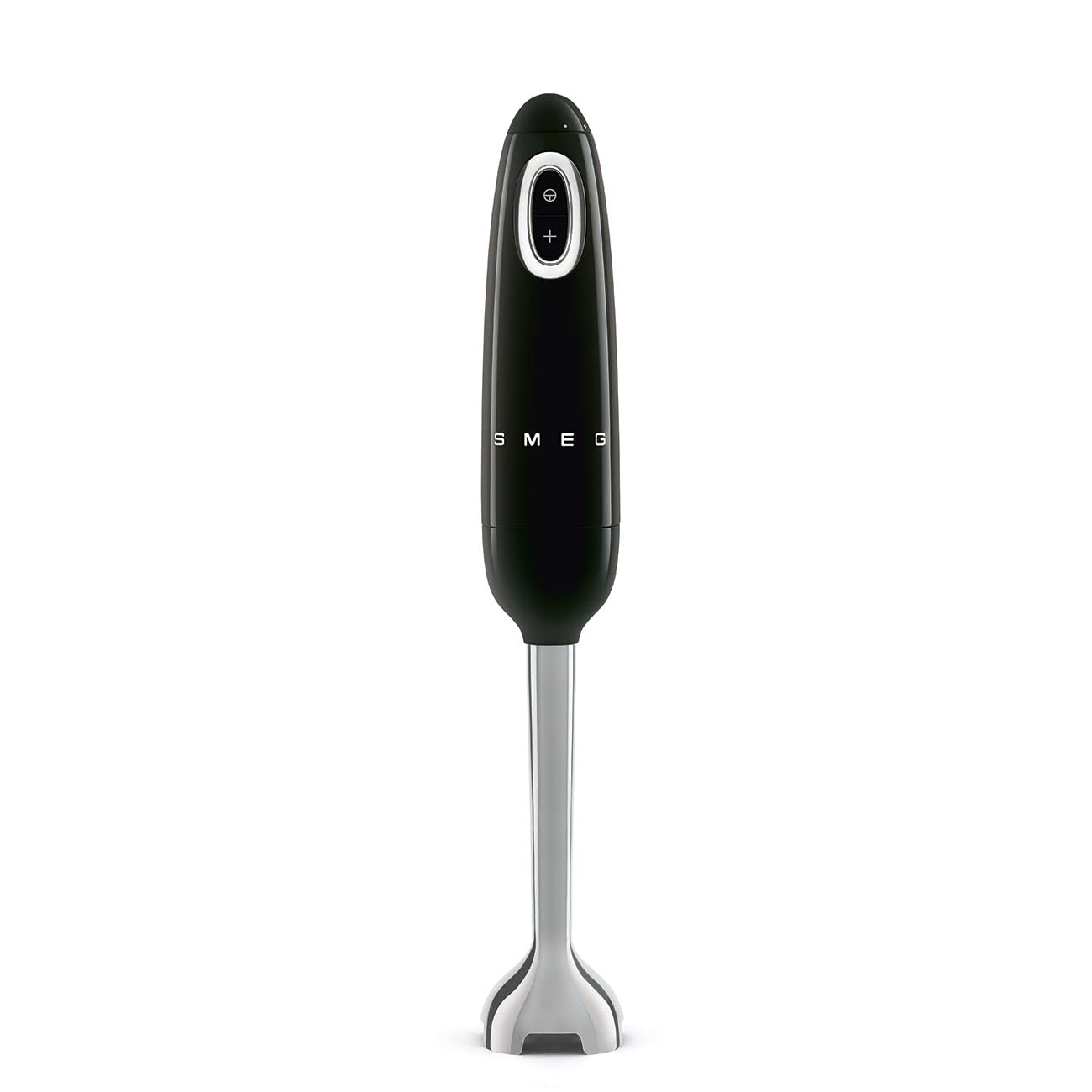 Black handheld blender with silver base on a white background