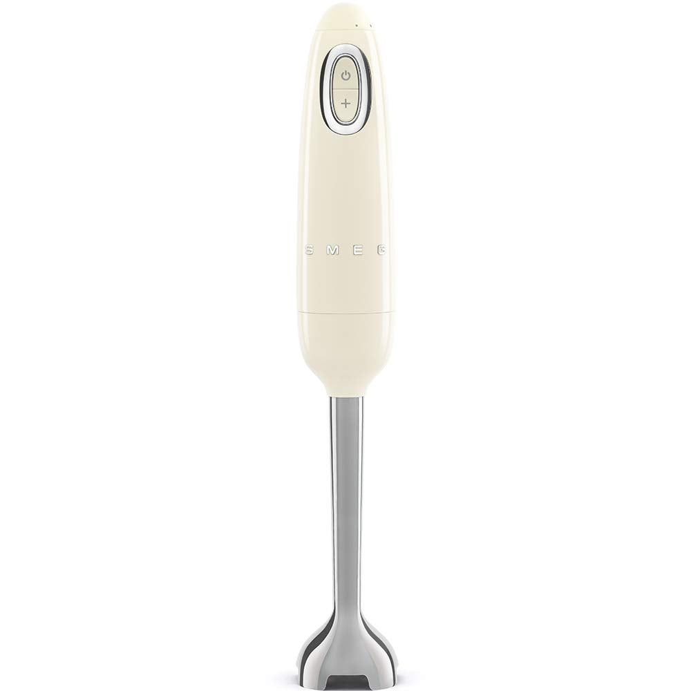 Cream handheld blender on a white background