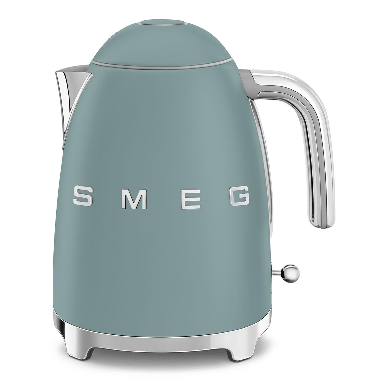 Jade Smeg electric kettle with silver features on a white background