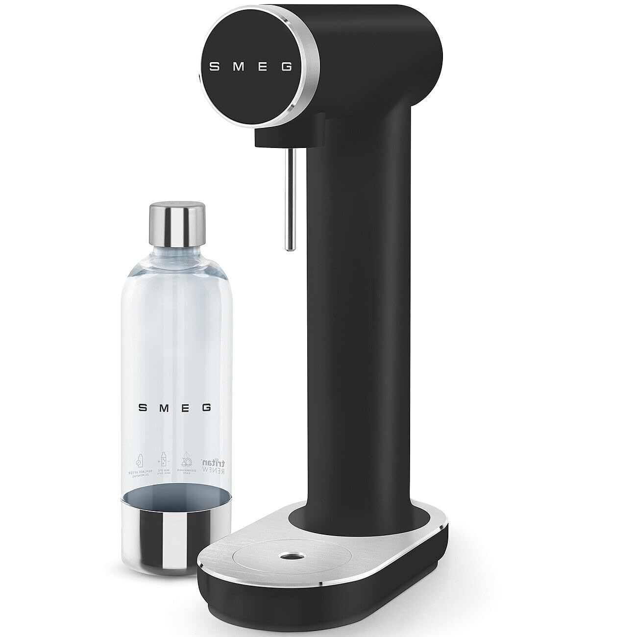 Black and silver soda maker with a clear bottle on a white background, featuring the SMEG brand.