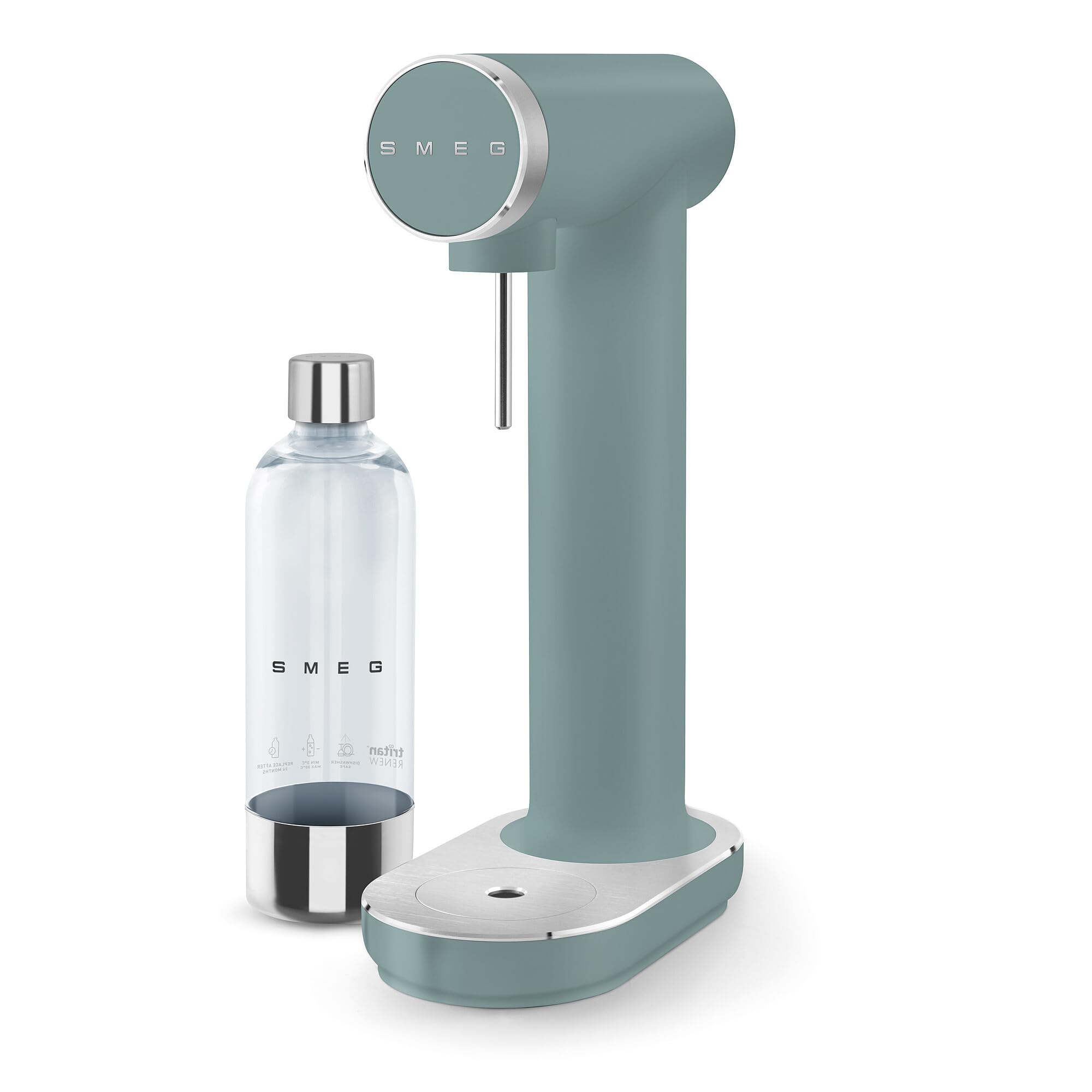 Sleek jade soda maker with a bottle on a white background, featuring the Smeg brand.